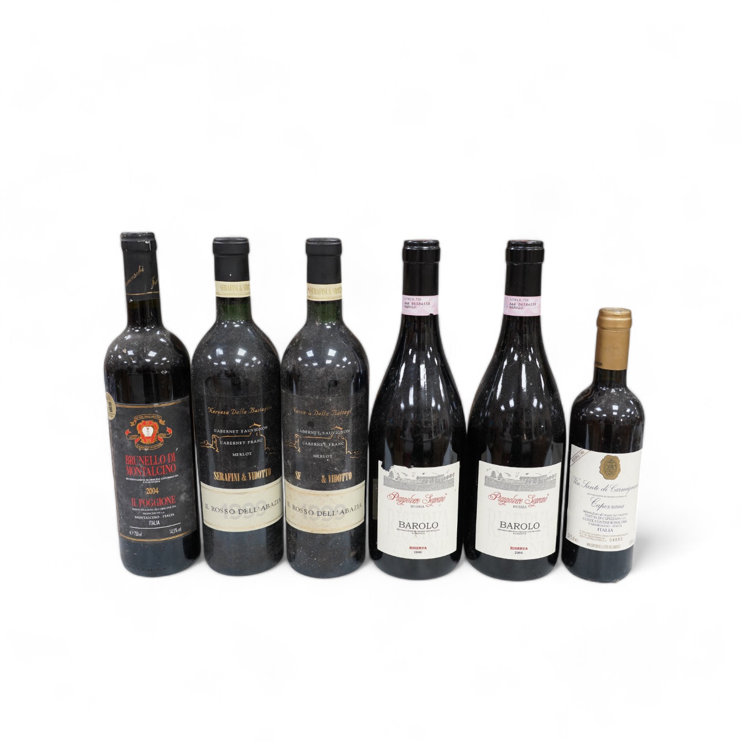 Six Italian bottles of wine to include two bottles of Il Rosso Dell’ Abazia 1999, two bottles of Pianpolvere Soprano Barolo Riserva 2000, a bottle of Brunello Di Montalcino Il Poggione 2004 and a 375ml bottle of Vin Sant